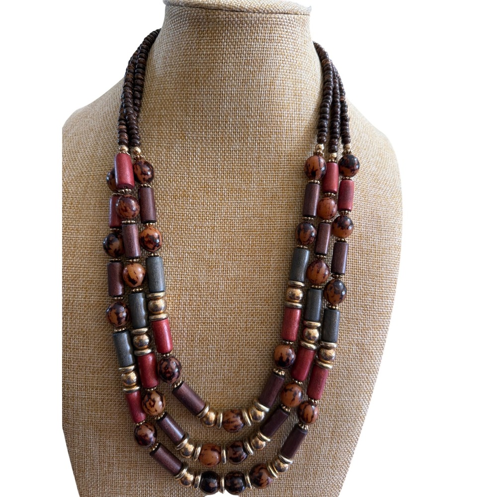 Boho Multi Strand Beaded Statement Necklace Wood Terracotta Earthy Chunky